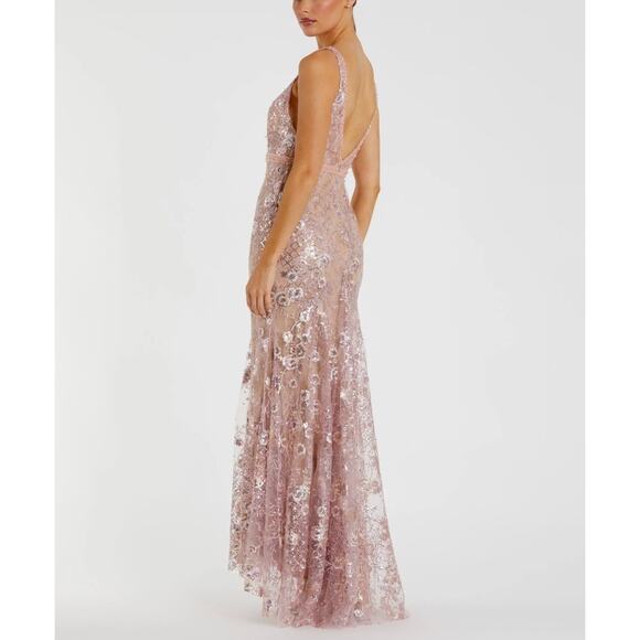 Mac Duggal Pink Floral Embellished Sleeveless Plunge Neck Gown Size 14 NWT 67481 - Picture 9 of 16